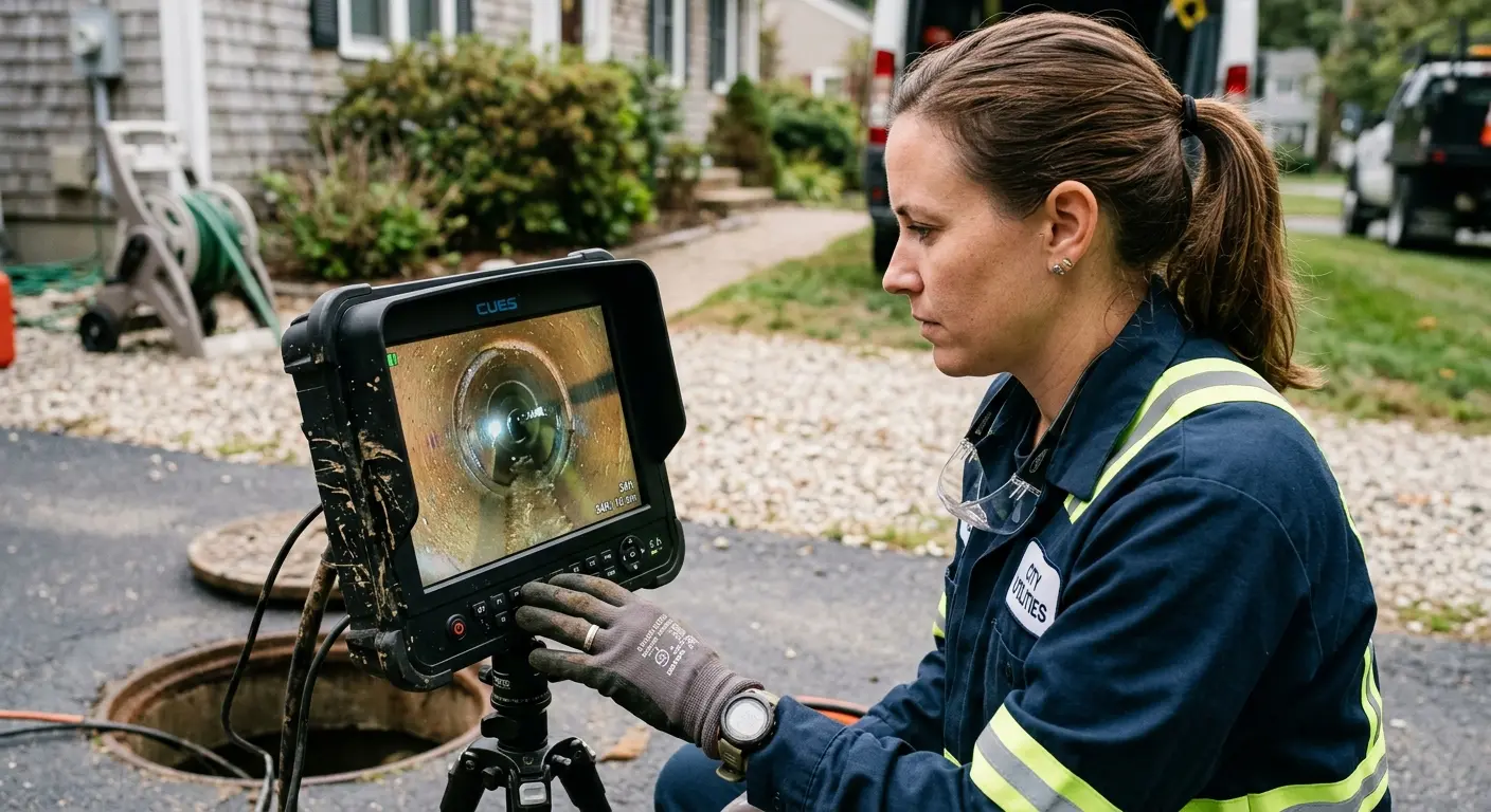Technician reviewing sewer camera inspection footage in St. Rose