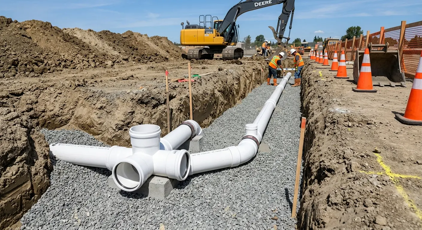 New PVC sewer pipe installation in open trench for Sewer Backup in St. Rose