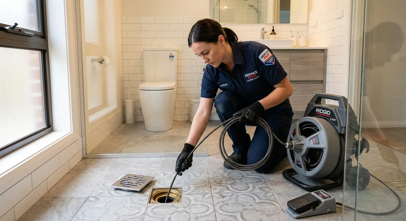 Technician clearing a bathroom floor drain for Hydro Jetting in St. Rose